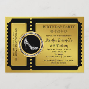 Invitación Cumpleaños Zapato de Tacón Alto Ticket de Oro