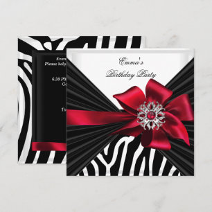 Invitación Cumpleaños Zebra Elegante Rojo Negro Blanco