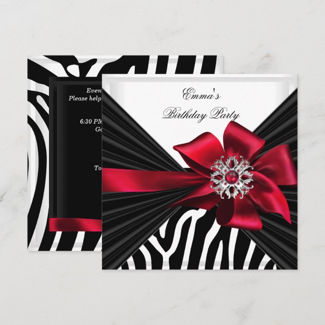 Invitación Cumpleaños Zebra Elegante Rojo Negro Blanco (Anverso / Reverso)