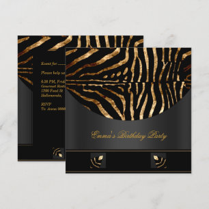 Invitación Cumpleaños Zebra Negro Oro África Salvaje 2