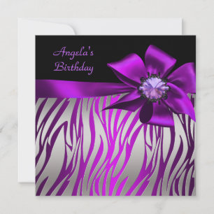 Invitación Cumpleaños Zebra Plata Púrpura Magenta Negro