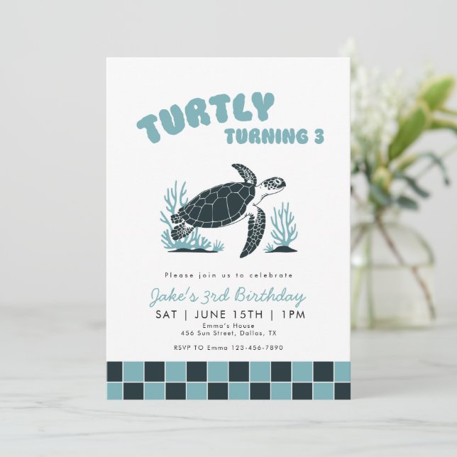 Invitación Cumpliendo 3 Tortuga Azul 3er Cumpleaños (Anverso de pie)