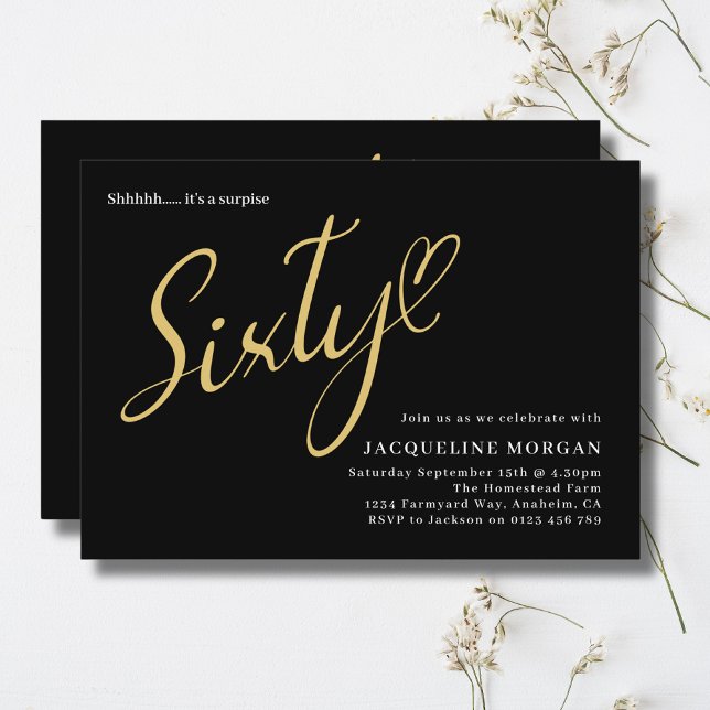 Invitación Cumpliendo 60 años del Oro Negro (Personalized black and gold 60th birthday party invitation on a light background)