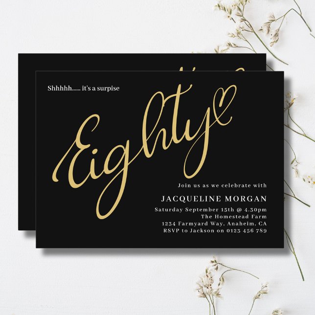 Invitación Cumpliendo 80 años del Oro Negro 80 (80th birthday party invitation in black and gold on a light background.)