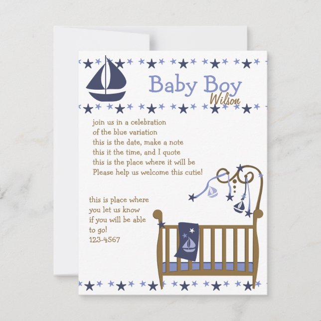 Invitación Cuna azul para bebés (Anverso)