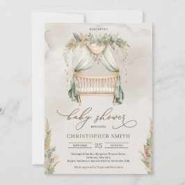Invitación Cuna de bebé de pampas verde y marrón boho