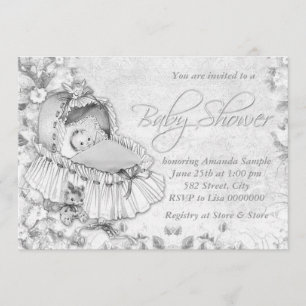 Invitación cuna de bebé vintage blanca fiesta de bebé