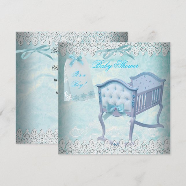 Invitación Cuna de encaje azul para ducha de bebé varón vinta (Anverso / Reverso)