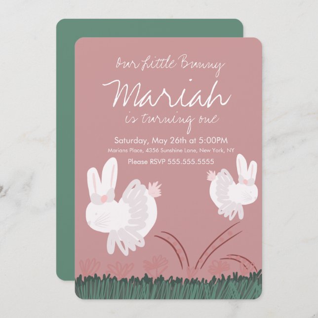Invitación Cunco lindo conejito Pascua 1er cumpleaños mano de (Anverso / Reverso)
