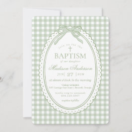 Invitación Cunita de Gingham Verde con Lazo para Bautizo