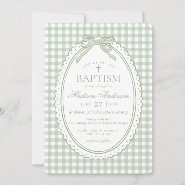 Invitación Cunita de Gingham Verde con Lazo para Bautizo (Anverso)
