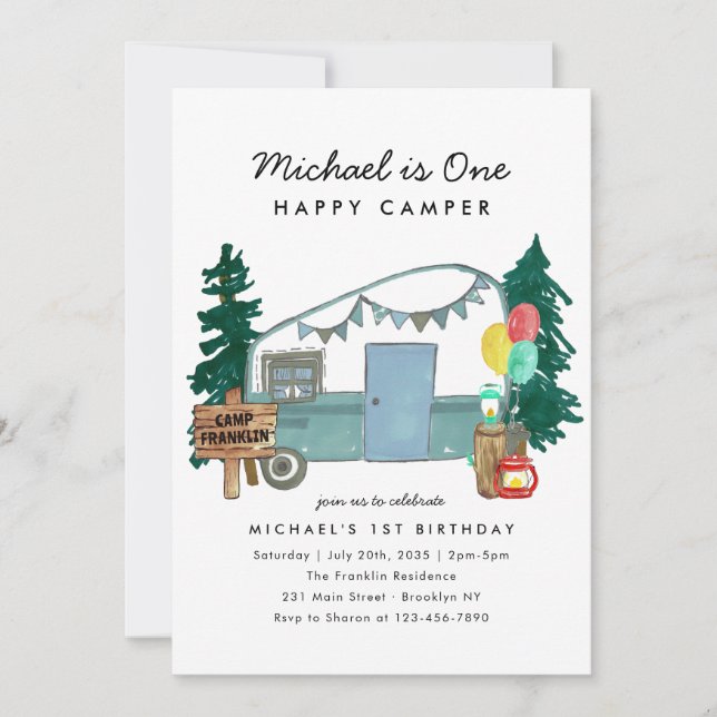 Invitación Cunte one Happy Camper Trees Camping Primer Cumple (Anverso)