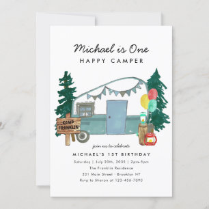 Invitación Cunte one Happy Camper Trees Camping Primer Cumple