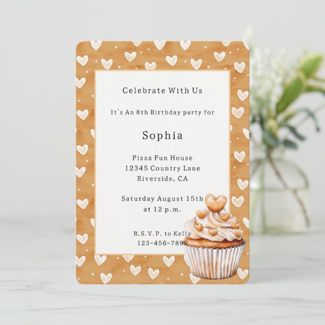 Invitación Cupcake Cumpleaños Corazones Caramelo   (Anverso de pie)