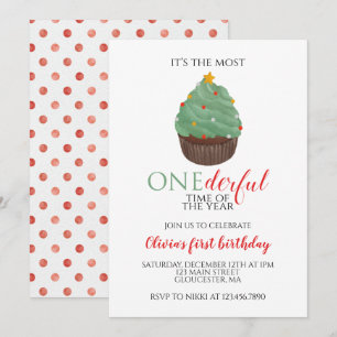 Invitación Cupcake de árbol de Navidad Onederful Primer Cumpl