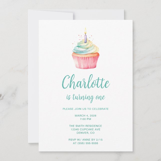 Invitación Cupcake de cumpleaños 1º Teal y Rosa (Anverso)