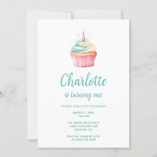 Invitación Cupcake de cumpleaños 1º Teal y Rosa