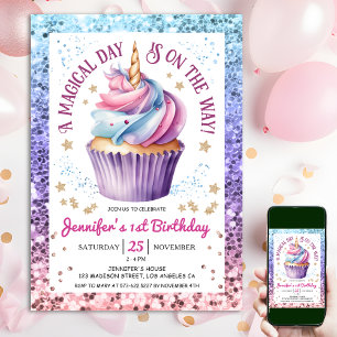 Invitación Cupcake de cumpleaños de unicornio con brillo arco