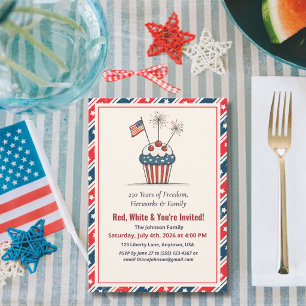 Invitación Cupcake de Fuegos Artificiales del 4 de Julio Amér