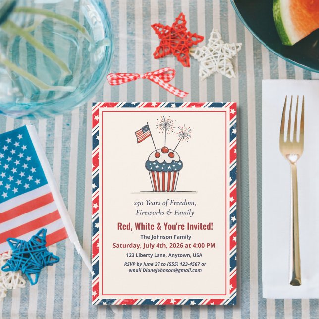 Invitación Cupcake de Fuegos Artificiales del 4 de Julio Amér (Subido por el creador)