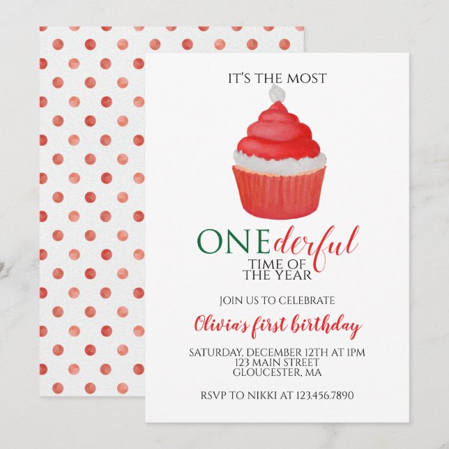 Invitación Cupcake de Santa de Navidad Onederful Primer Cumpl (Anverso / Reverso)