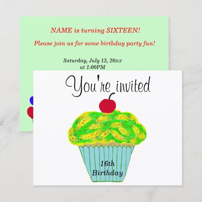 Invitación Cupcake de vainilla con glaseado amarillo y verde  (Anverso / Reverso)