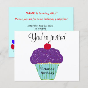 Invitación Cupcake de vainilla con glaseado morado y cereza e