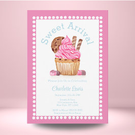 Invitación Cupcake de vainilla rosa al acuarela con baby show
