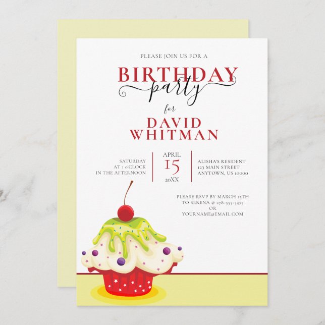 INVITACIÓN CUPCAKE FESTIVO CON FIESTA DEL CUMPLEAÑOS DE CERVE (Anverso / Reverso)