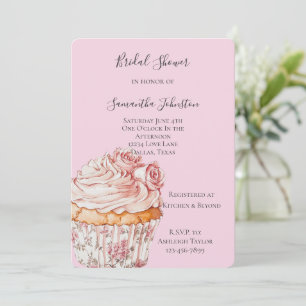 Invitación Cupcake Floral de Rosas Rosadas para Despedida de