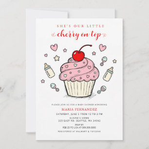 Invitación Cupcake Rosa con Cereza en la Parte Superior Chica