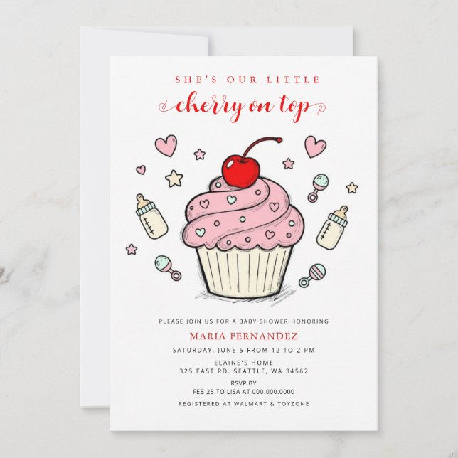 Invitación Cupcake Rosa con Cereza en la Parte Superior Chica (Anverso)