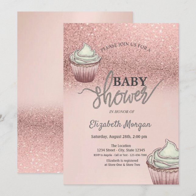 Invitación Cupcakes con brillo en bokeh de oro rosa (Anverso / Reverso)