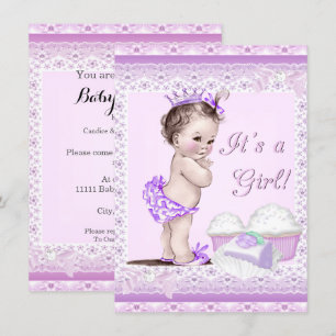 Invitación Cupcakes de shower de bebé niña vintage de encaje 