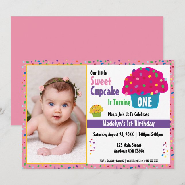 Invitación Cupcakes Glaseados Brillo de Arcoíris Repostería C (Anverso / Reverso)