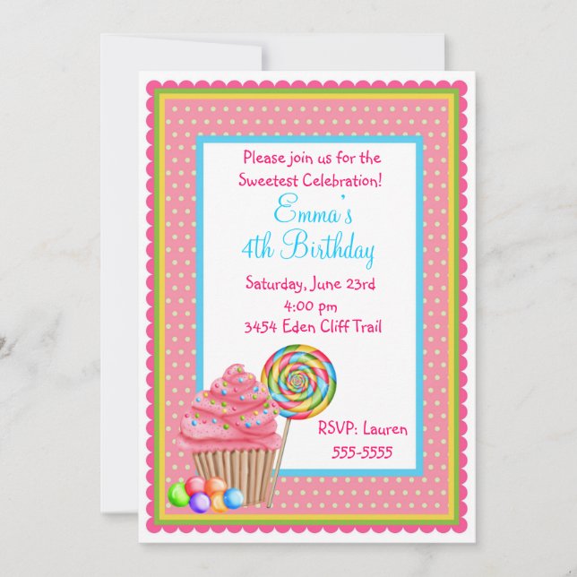 Invitación Cupcakes y Candy cumpleaños (Anverso)
