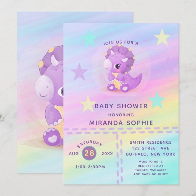 Invitación Cuple Purple Dinosaur Rainbow Art Baby Shower Invi (Anverso / Reverso)