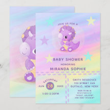 Cuple Purple Dinosaur Rainbow Art Baby Shower Invi