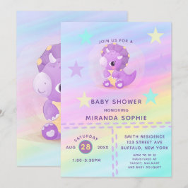 Invitación Cuple Purple Dinosaur Rainbow Art Baby Shower Invi