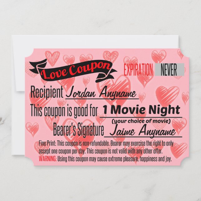 Invitación Cupón de amor de la noche de la PELÍCULA (Anverso)