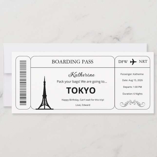 Invitación Cupón personalizado, pasaje de embarque para viaje (Anverso)