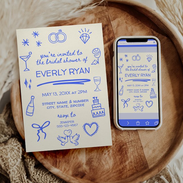 Invitación Cuqueta azul brillante elegante ducha de novia (whimsical hand drawn bridal shower invitations - choose print or digital download)