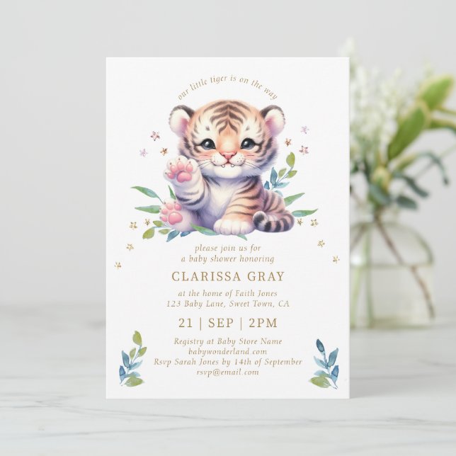 Invitación Cura de tigre animal Stars White Baby Shower (Anverso de pie)