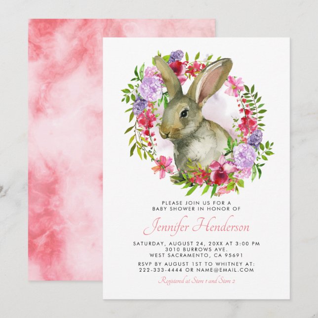 Invitación Cura Semana Santa Conejo Floral Rosa Baby Shower (Anverso / Reverso)