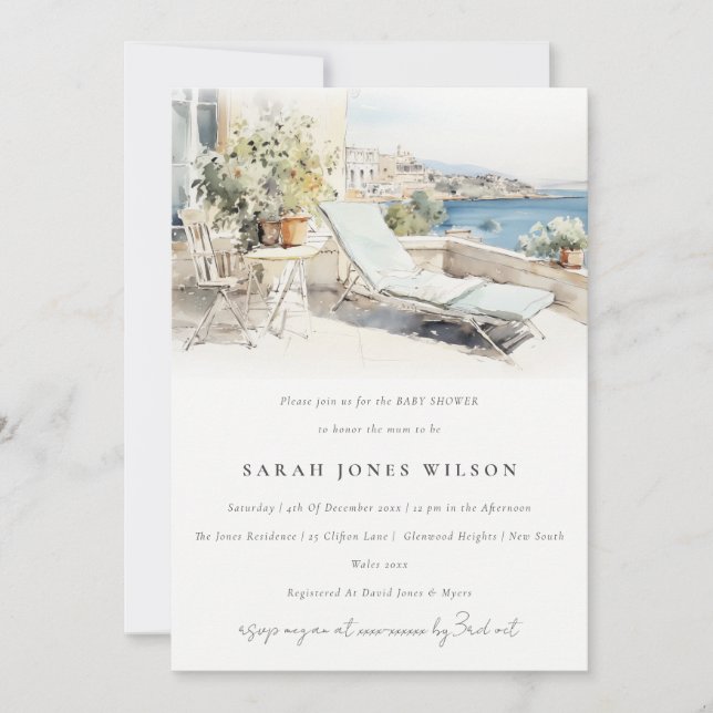 Invitación Curfu Grecia Watercolor Landscape Baby Shower (Anverso)