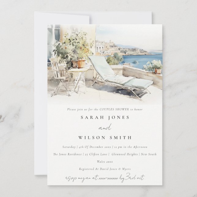 Invitación Curfu Grecia Watercolor Paisaje Parejas Ducha (Anverso)