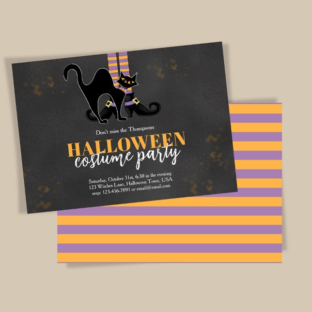 Invitación Curiosa Bruja Gato Negro Festín de Halloween (Halloween costume party whimsical invitations.)