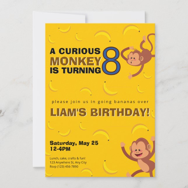 Invitación Curious Monkey Birthday Invite | Banana Jungle (Anverso)