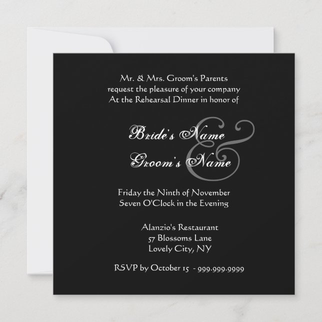 Invitación Curlicue Ensayo de Boda blanco y negro (Anverso)
