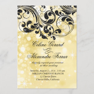 Invitación Curlicues purpurina en oro de Faux Metallic Bokeh